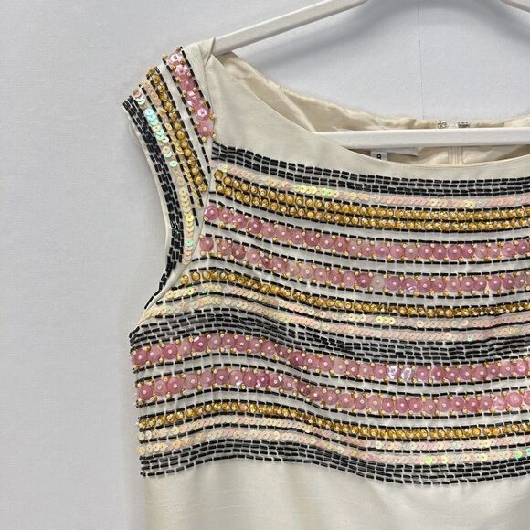 Corey Lynn Calter Anthropologie Beige Striped Beaded Sequin Sheath Dress Size 8 - Picture 3 of 10
